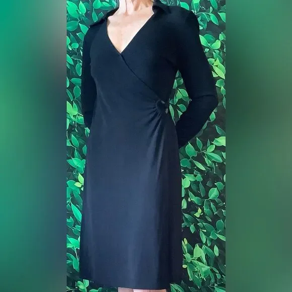 🖤 Talbots Black Faux Wrap Dress – V-Neck, Long Sleeve – Size 8 Petite - Picture 3 of 6